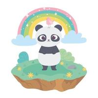 panda mignon avec des animaux oiseaux adorables avec des fleurs et un dessin animé arc-en-ciel vecteur