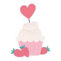 joyeux anniversaire cupcake sucré fruits et coeur icône isolé vecteur