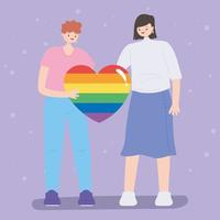 communauté lgbtq, les jeunes femmes tiennent l'amour du cœur arc-en-ciel, défilé gay de protestation contre la discrimination sexuelle vecteur