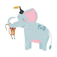 éléphant mignon avec toucan et singe suspendu dessin animé sauvage nature vecteur