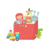 jouets pour enfants boîte rouge avec poupée lapin ours train de voiture et objet dinosaure dessin animé amusant vecteur