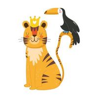 Mignon tigre toucan hibou nature dessin animé sauvage icône isolé design vecteur