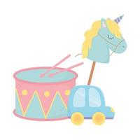 objet de jouets pour les petits enfants à jouer cheval de tambour de voiture de dessin animé en bâton vecteur