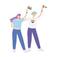 communauté lgbtq, jeunes avec drapeaux et arc-en-ciel, défilé gay de protestation contre la discrimination sexuelle vecteur