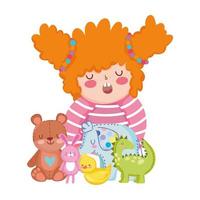 objet de jouets pour les petits enfants à jouer au dessin animé, petite fille avec mignon ours lapin éléphant de dinosaure et canard vecteur