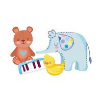 objet de jouets pour les petits enfants à jouer au dessin animé, au canard éléphant et au piano vecteur