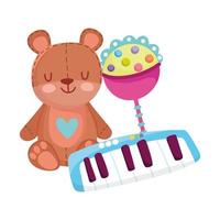 objet de jouets pour les petits enfants à jouer au dessin animé, hochet d'ours en peluche et clavier de piano vecteur