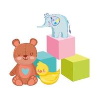 objet de jouets pour les petits enfants à jouer au dessin animé, ours en peluche éléphant de canard et cubes vecteur