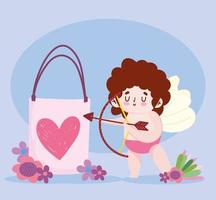 amour mignon cupidon avec flèche cadeau et arc caricature de fleurs romantiques vecteur