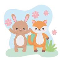 mignon renard lapin fleurs feuillage animaux de dessin animé dans un paysage naturel vecteur