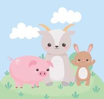 mignon petit lapin chèvre et cochon animaux de dessin animé dans un paysage naturel vecteur