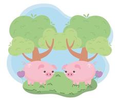 mignons petits cochons et animaux de dessin animé d'arbre dans un paysage naturel vecteur