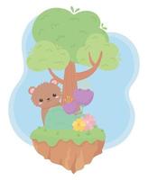 mignon petit ours fleurs arbre bush herbe dessin animé animaux dans un paysage naturel vecteur