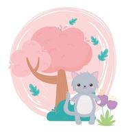 mignon chat gris fleurs arbre bush dessin animé animaux dans un paysage naturel vecteur