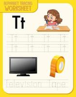 Feuille de calcul de traçage alphabet avec lettre t et t vecteur