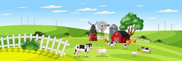 paysage de ferme avec ferme animale dans le champ et grange rouge en saison estivale vecteur