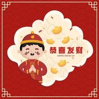 garçon chinois avec caractère gong xi fa cai vecteur