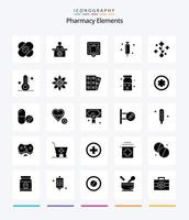 Éléments de pharmacie créatifs pack d'icônes noires solides de 25 glyphes tels que l'hôpital... réceptionniste. masse. santé vecteur