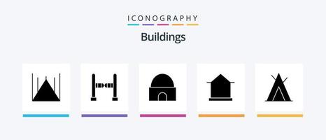 bâtiments glyphe 5 pack d'icônes comprenant le camp. cabane. monument historique. maison. imeuble. conception d'icônes créatives vecteur