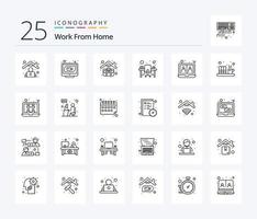 travail à domicile pack d'icônes de 25 lignes comprenant un poste de travail. surveiller. la toile. chaise. travail à la maison vecteur
