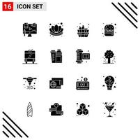 pack de 16 signes et symboles de glyphes solides modernes pour les supports d'impression Web tels que le trolleybus bus lotus food burger éléments de conception vectoriels modifiables vecteur