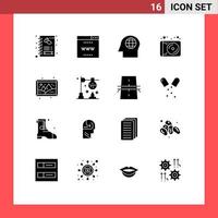 16 glyphes solides vectoriels thématiques et symboles modifiables de passe-temps image visage technologie médias éléments de conception vectoriels modifiables vecteur