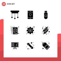9 concept de glyphe solide pour les sites Web gestion des utilisateurs mobiles et applications assurance immobilière mobile éléments de conception vectoriels modifiables vecteur