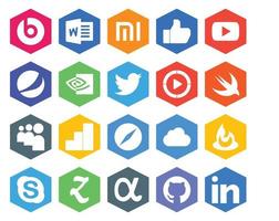 pack de 20 icônes de médias sociaux, y compris icloud safari twitter google analytics swift vecteur