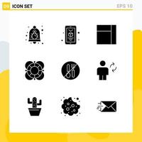 9 glyphes solides vectoriels thématiques et symboles modifiables de la grille alimentaire de la fourchette prennent en charge les éléments de conception vectoriels modifiables de sauveteur vecteur