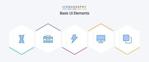 éléments de base de l'interface utilisateur 25 pack d'icônes bleues, y compris la pile. médias. charge. quatre. écran vecteur