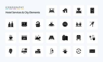 pack d'icônes de glyphe solide de 25 services hôteliers et éléments de la ville vecteur