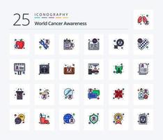 pack d'icônes remplies de 25 lignes de sensibilisation mondiale au cancer, y compris le sexe. santé. santé. journée. livre vecteur
