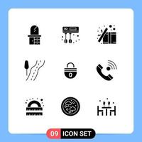 9 concept de glyphe solide pour les sites Web mobiles et la sécurité des applications sécurisé itinéraire de verrouillage ouvert éléments de conception vectoriels modifiables vecteur