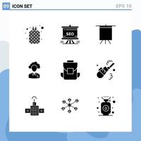 interface mobile ensemble de glyphes solides de 9 pictogrammes d'éléments de conception vectoriels modifiables de support de nuage d'analyse humaine de gestionnaire vecteur