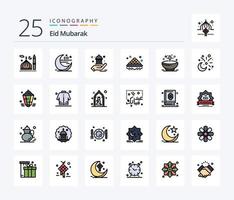 eid mubarak pack d'icônes rempli de 25 lignes, y compris ouvert. assiette. croissant. sucré. aider vecteur