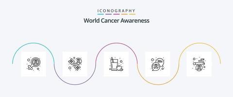 pack d'icônes ligne 5 de sensibilisation au cancer du monde, y compris. santé. jus de fruit. cigarette. message vecteur