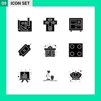 groupe de 9 signes et symboles de glyphes solides pour les éléments de conception vectoriels modifiables de commerce électronique de vente de pénalité de balise de boîte cadeau vecteur