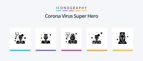 pack d'icônes glyphe 5 super héros du virus corona comprenant une infirmière. docteur. femelle. médecin. avatar. conception d'icônes créatives vecteur