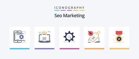 pack d'icônes seo marketing plat 5, y compris la cible. étiqueter. configuration. configuration. la roue. conception d'icônes créatives vecteur