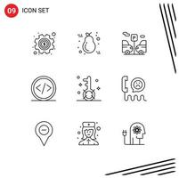 ensemble moderne de 9 contours pictogramme d'éléments de conception vectoriels modifiables de code de développement léger de programmation de moteur vecteur