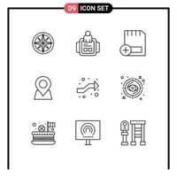ensemble moderne de 9 contours et symboles tels que les dispositifs de localisation de la technologie de la carte des broches éléments de conception vectoriels modifiables vecteur
