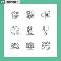 ensemble de pictogrammes de 9 contours simples d'éléments de conception vectoriels modifiables de livraison mondiale de magasin d'emplacement de biopuce vecteur