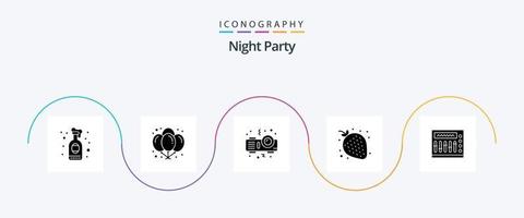 pack d'icônes glyphe 5 de soirée nocturne comprenant de la musique. mixer. projecteur. nuit. fraise vecteur