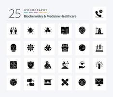 biochimie et médecine soins de santé pack de 25 icônes de glyphes solides, y compris les virus. livre. moléculaire. rapport. médical vecteur