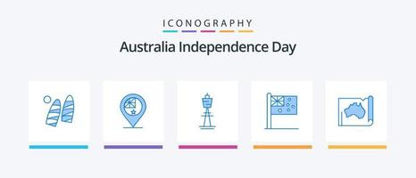 pack d'icônes bleues de la fête de l'indépendance de l'australie 5, y compris le drapeau. Australie. emplacement. tour de télévision. Sydney. conception d'icônes créatives vecteur