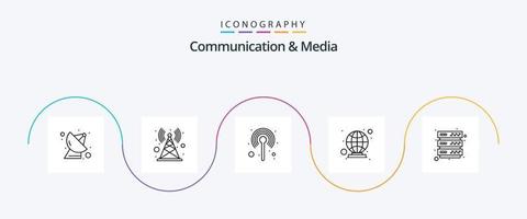 communication et média line 5 pack d'icônes comprenant une base de données. globe. antenne. global. supporter vecteur