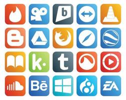 pack de 20 icônes de médias sociaux, y compris le navigateur ibooks grooveshark kik google drive vecteur