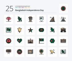 pack d'icônes remplies de 25 lignes du jour de l'indépendance du bangladesh, y compris le point de repère. construction. agriculture. imeuble. drapeau vecteur