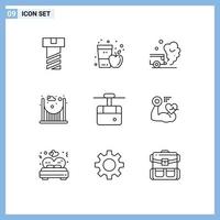 ensemble de pictogrammes de 9 contours simples d'éléments de conception vectoriels modifiables de pont de passage de téléphérique de ski vecteur