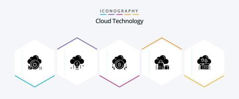 pack d'icônes de 25 glyphes de technologie cloud, y compris le sac. achats. lumière. nuage. bitcoin vecteur